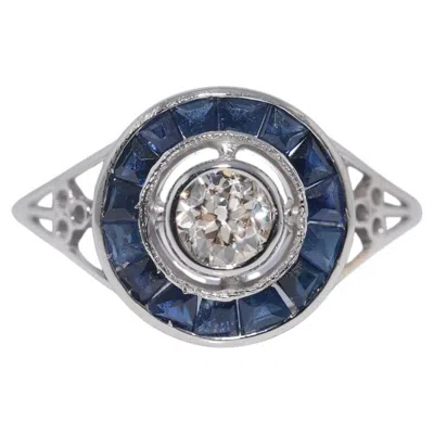 Pre-owned 1stdibs Vintage 18k Gold Natural Diamond Caliber Cut Sapphire Decorated Ring In Blue
