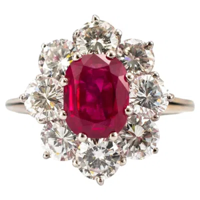 Pre-owned 1stdibs Vintage 18k White Gold Gia 3.93ctw Burma Ruby Halo Diamond Floral Cocktail Ring