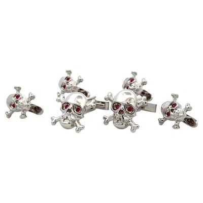 Pre-owned 1stdibs Vintage 18k White Gold Skull Locking Cufflinks And Buttons With 1 Carat Ruby
