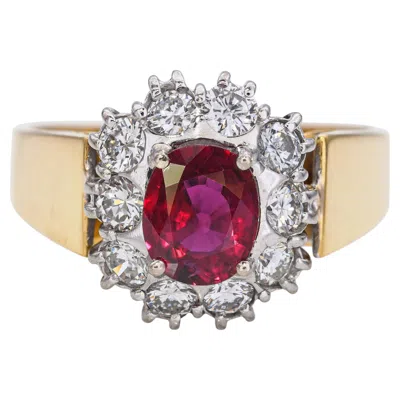 Pre-owned 1stdibs Vintage 18k Yellow Gold 0.74ct Ruby And 0.60tcw Diamond Halo Ring