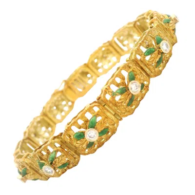 Pre-owned 1stdibs Vintage 18k Yellow Gold Green Enamel 0.78ctw Diamond Floral Open Work Bracelet