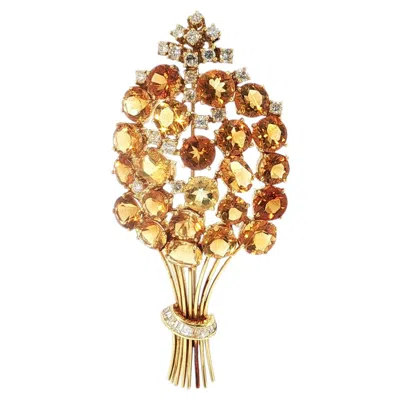 Pre-owned 1stdibs Vintage 18k Yellow Gold Pin Brooch 2ct Round & Baguette Diamonds And Citrine
