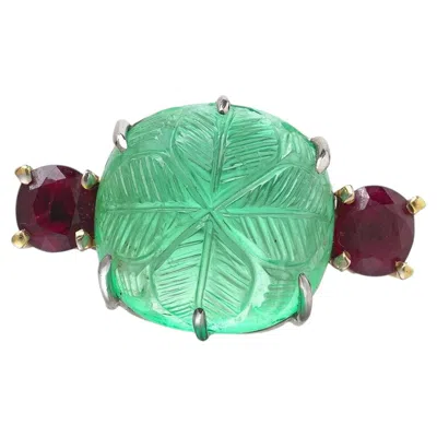 Pre-owned 1stdibs Vintage 18kt Gold Carved Emerald And Burma Ruby Ring In Green