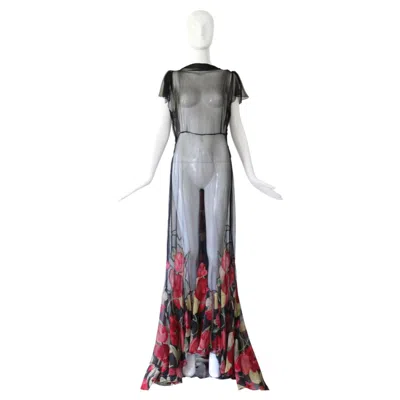 Pre-owned 1stdibs Vintage 1930s Black Silk Chiffon Floral Evening Gown Tulips Us 6 Uk 10