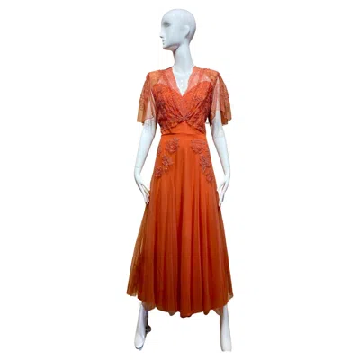 Pre-owned 1stdibs Vintage 1940s Orange Tangerine Lace Cocktail Dress With Tulle Overlay