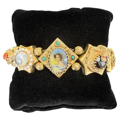 Pre-owned 1stdibs Vintage 1950's Intricate Gemstone Slide Bracelet 14k Yellow Gold