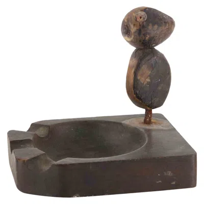 Pre-owned 1stdibs Vintage 1950s Wooden Ashtray With Bird Figurine, Rustic Italian Design In Brown