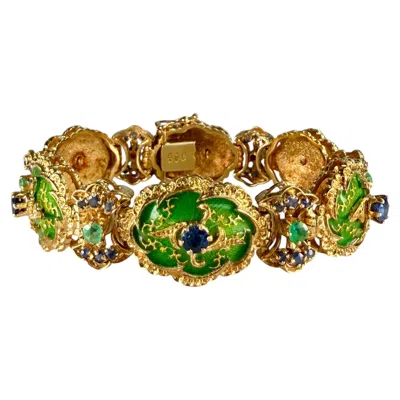 Pre-owned 1stdibs Vintage 1960's Enamel Sapphire And Emerald Bracelet 18k Yellow Gold
