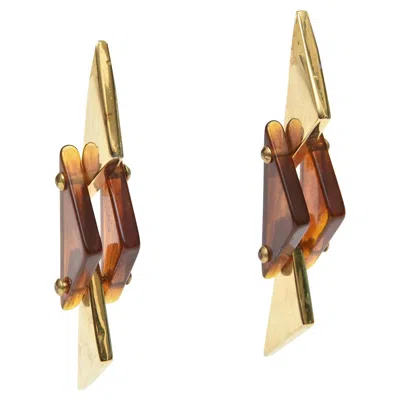 Pre-owned 1stdibs Vintage 1970's Brass And Amber Lucite Sculptural Dangle Earrings In Brown