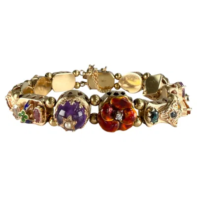 Pre-owned 1stdibs Vintage 1970's Gemstone And Diamond Slide Bracelet 14k Yellow Gold