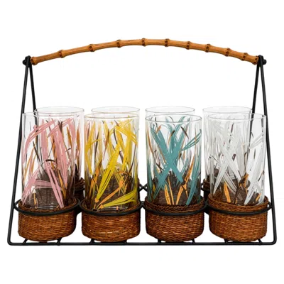Pre-owned 1stdibs Vintage 1970s Highball Glass Set With Bamboo Caddy, Colorful Accents In Sand