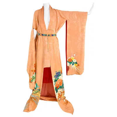 Pre-owned 1stdibs Vintage 1970s Japanese Silk Kimono Floral Print Unisex Adjustable Robe In Orange