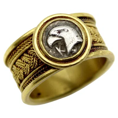 Pre-owned 1stdibs Vintage 22k Gold Wirework Ring With Ancient Silver Eagle Coin In Multi