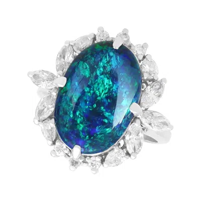 Pre-owned 1stdibs Vintage 4.70 Carat Black Opal 1.08 Carat Diamond Platinum Cocktail Ring (1980)