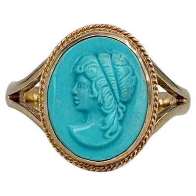 Pre-owned 1stdibs Vintage 9 Karat Gold Turquoise Left Facing Lady Portrait Cameo Oval Ring In Multi