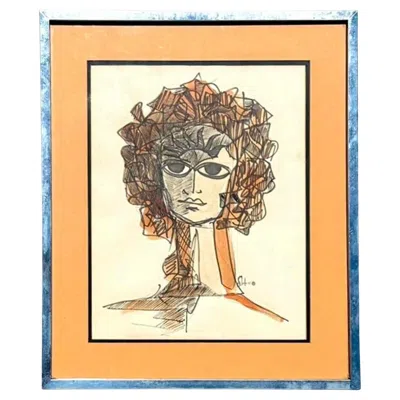 Pre-owned 1stdibs Vintage Abstract Mixed Media Portrait On Paper Drawing Signed Toledo In Orange
