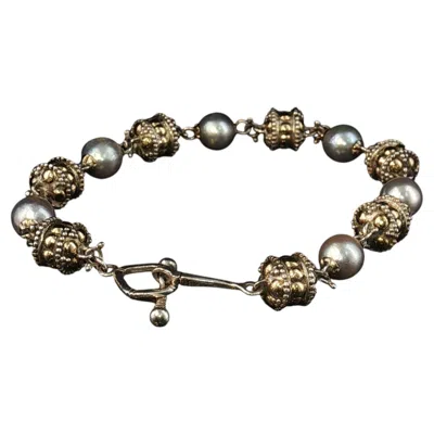 Pre-owned 1stdibs Vintage Artisan 925 Sterling Silver & 18k Yellow Gold Pearl Byzantine Bracelet