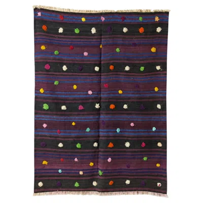 Pre-owned 1stdibs Vintage Berber Kilim Rug With Colorful Pom-pom Tufts, 65 X 83 In In Black