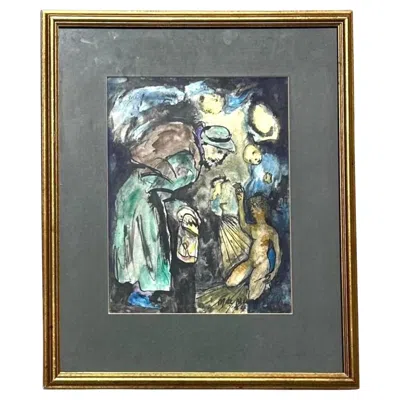 Pre-owned 1stdibs Vintage Boho Figurative Abstract Watercolor Painting On Paper In Brown