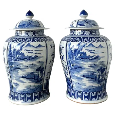 Pre-owned 1stdibs Vintage Boho Monumental Blue And White Lidded Ginger Jars - A Pair