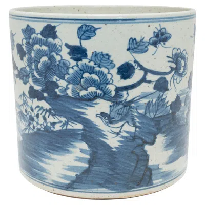 Pre-owned 1stdibs Vintage Chinese Blue & White Brush Pot With Lovebirds & Peonies