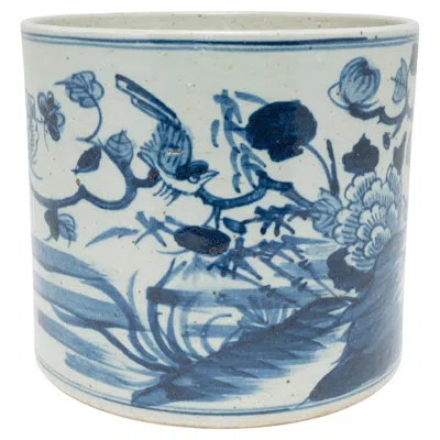 Pre-owned 1stdibs Vintage Chinese Blue & White Brush Pot With Lovebirds & Peonies
