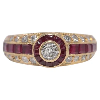 Pre-owned 1stdibs Vintage Circa 1980s 18k Gold Natural Diamond And Caliber Cut Ruby Ring In Multi