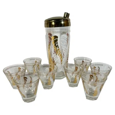 Pre-owned 1stdibs Vintage Cocktail Shaker Set With White And Gold Leaf Motif Signed Lex Kuznak