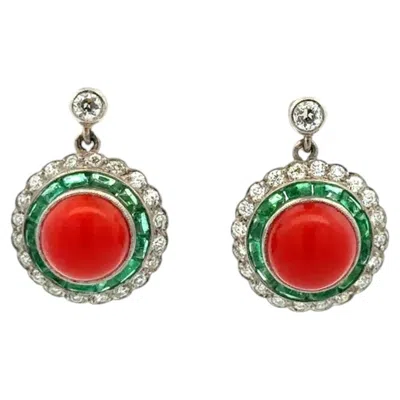 Pre-owned 1stdibs Vintage Coral, Emerald And Diamond Platinum Drop Earrings Estate Fine Jewelry In Green