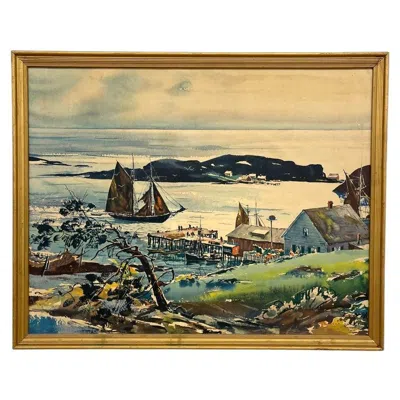 Pre-owned 1stdibs Vintage Framed Harbor Landscape Print By C. Ivar Gilbert - Coastal Sailboat. In Brown