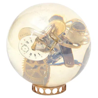 Pre-owned 1stdibs Vintage French Lucite And Brass Embedded Brass Clock Parts Ball Sculpture 1960's In Sand