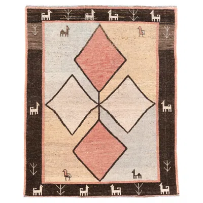 Pre-owned 1stdibs Vintage Gabbeh Style Rug With Bold Diamond Motifs And Animal Border In Sand
