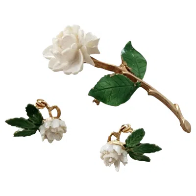 Pre-owned 1stdibs Vintage Gents 12k Gold Filled Carved Rose Brooch Enamel Leaf Lever Back Earrings In Red