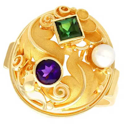 Pre-owned 1stdibs Vintage German Pearl Tourmaline Amethyst And 14k Yellow Gold Cocktail Ring