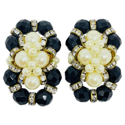 Pre-owned 1stdibs Vintage Gold Faux Pearls Black Crystals Designer French Clip On Earrings