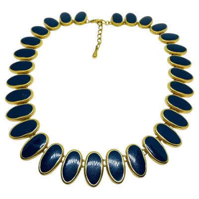 Pre-owned 1stdibs Vintage Gold Navy Blue Enamel Modernist Link Designer Necklace