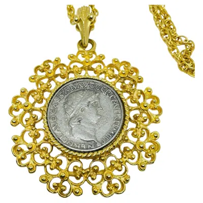 Pre-owned 1stdibs Vintage Gold Silver Tone Old Coin Pendant Chain Designer Necklace In Multi