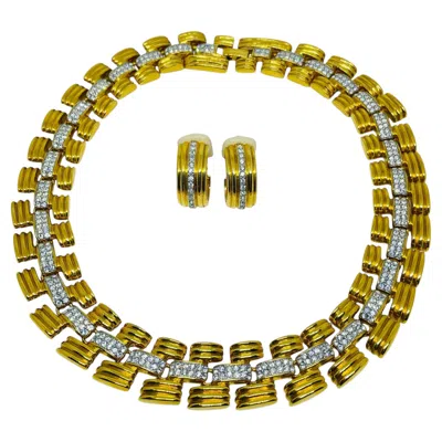 Pre-owned 1stdibs Vintage Gold Tone Crystals Designer Massive Choker Clip On Earrings Necklace Set In Multi