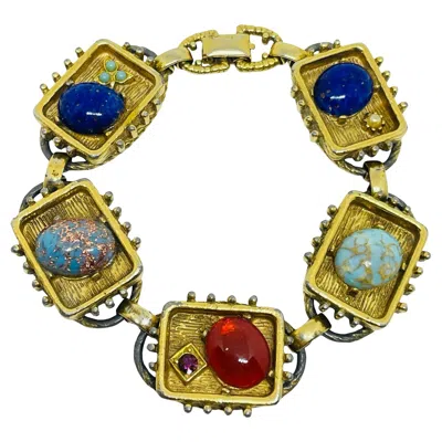 Pre-owned 1stdibs Vintage Gold Tone Etruscan Style Glass Gemstones Designer Link Bracelet In Multi