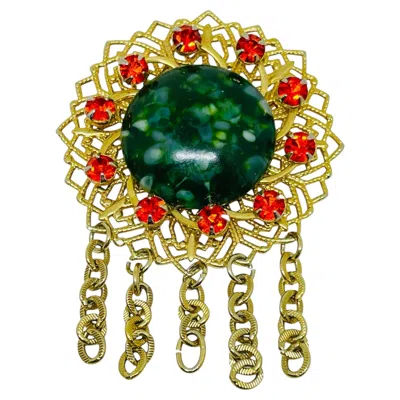 Pre-owned 1stdibs Vintage Gold Tone Glass Stones Dangle Chains Designer Brooch In Multi