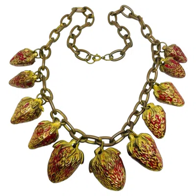 Pre-owned 1stdibs Vintage Gold Tone Red Enamel Strawberry Charms Designer Chain Necklace