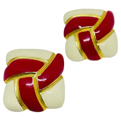 Pre-owned 1stdibs Vintage Gold Tone Red Off White Enamel Designer Clip On Earrings