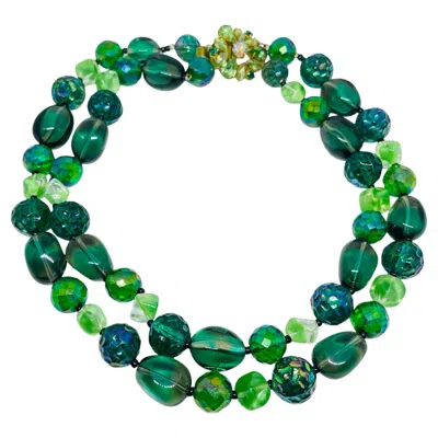 Pre-owned 1stdibs Vintage Gold Tone Rhinestones Green Glass Designer Multi Strand Beaded Necklace