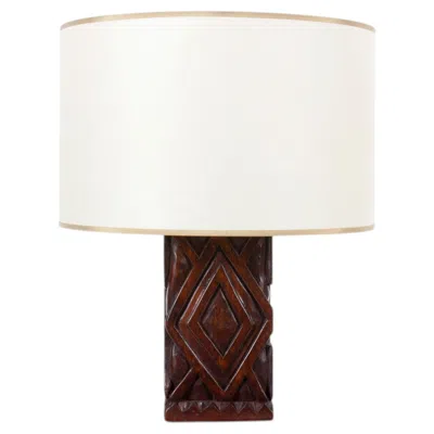 Pre-owned 1stdibs Vintage Hand-carved Iroko Wood Table Lamp, African-inspired Design In Brown