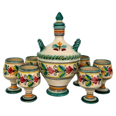 Pre-owned 1stdibs Vintage Hand-painted Spanish Ceramic Decanter And Goblet Set, 1970 In Brown