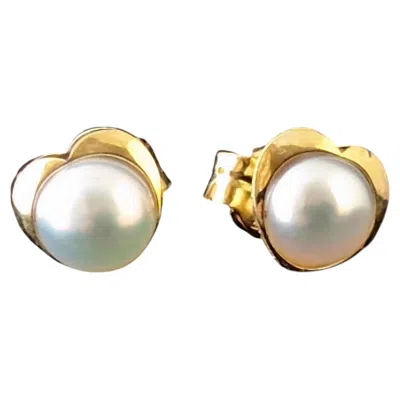 Pre-owned 1stdibs Vintage Heart Shaped Pearl Stud Earrings, 9k Yellow Gold