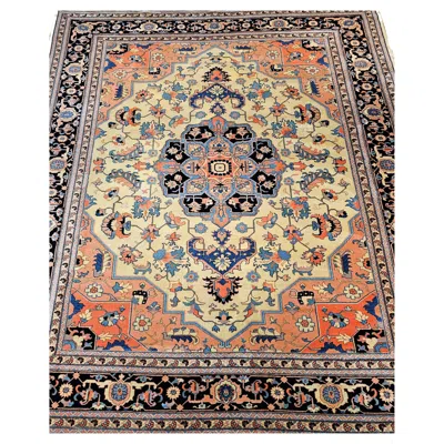 Pre-owned 1stdibs Vintage Heriz Serapi Rug, Handwoven Geometric Pattern, Ivory & Blue, 9' X 12' In White