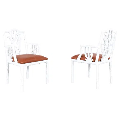 Pre-owned 1stdibs Vintage Hollywood Regency White Lacquered And Leather Armchairs, 1960s