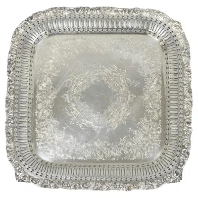 Pre-owned 1stdibs Vintage International Silver Victorian Repousse Pierced Gallery Square Bar Tray