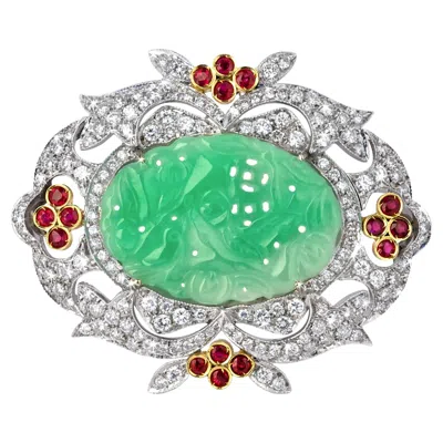 Pre-owned 1stdibs Vintage Jade Brooch From Angeletti Private Collection Gold With Diamonds Rubies In Green